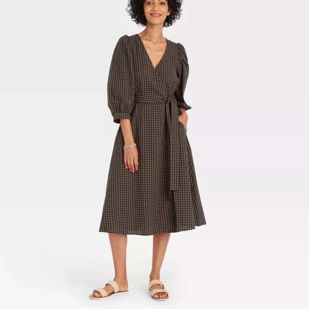 Gingham Midi Dress Balloon Sleeve Target A New Day Blue Green Wrap Elastic Waist